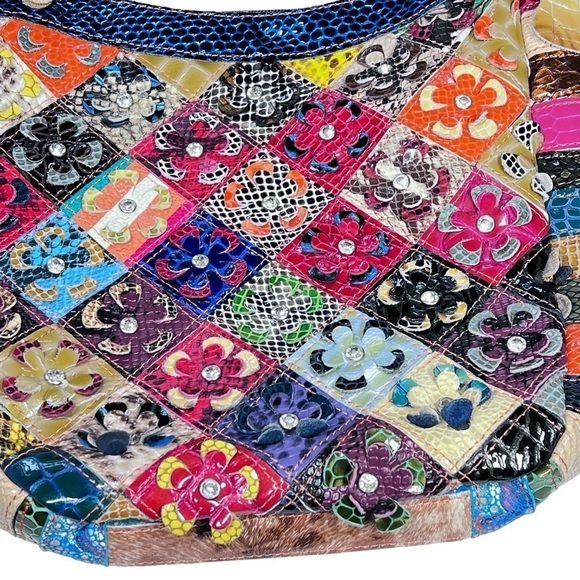 TRESKA Multi Colored 3D Leather Floral Rhinestone Patchwork Shoulder Bag - Picture 3 of 16